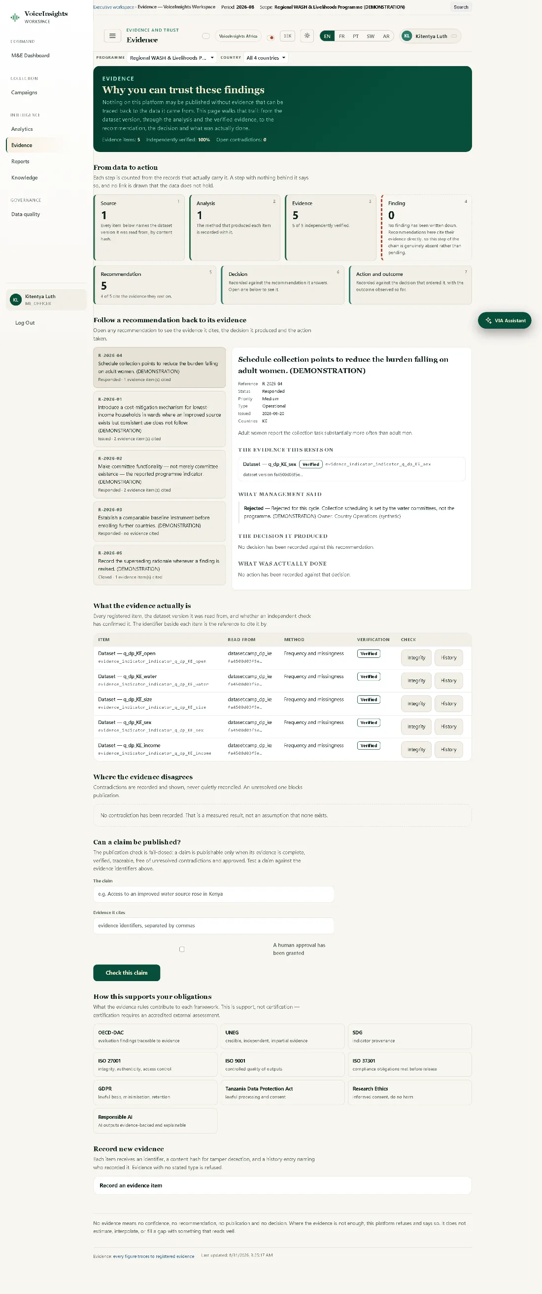 The evidence register, listing evidence records with the responses they came from and the findings they support.