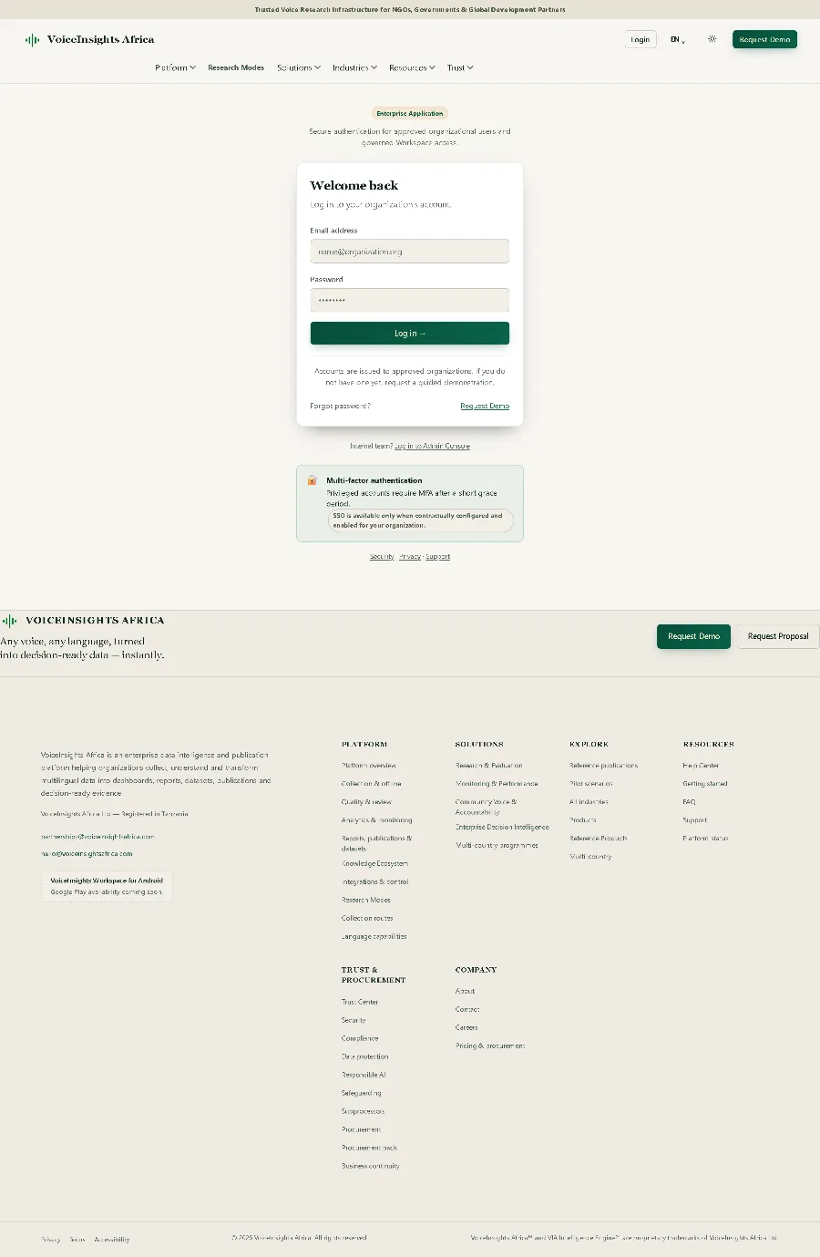The VoiceInsights sign-in screen, with fields for email address and password and no option to create an account — access is granted by invitation rather than self-service.