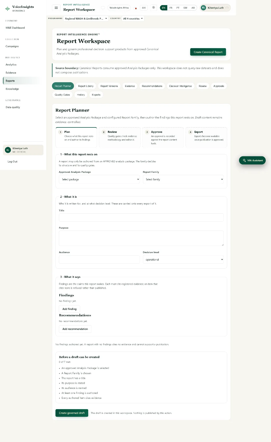 The report workspace, showing planned and produced reports with their approval state.