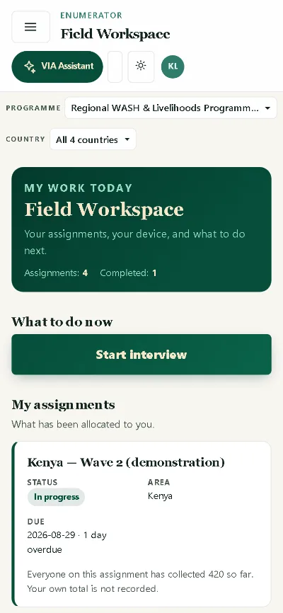 The Enumerator Field Workspace on a phone screen, showing today’s assignments and completion count, a "Start interview" action, and an assignment card for a demonstration wave in Kenya with its status, area and due date.